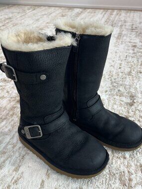 Ugg Australia Kensington Black Leather fleece lined 1969 Sheepskin kids Boot 12